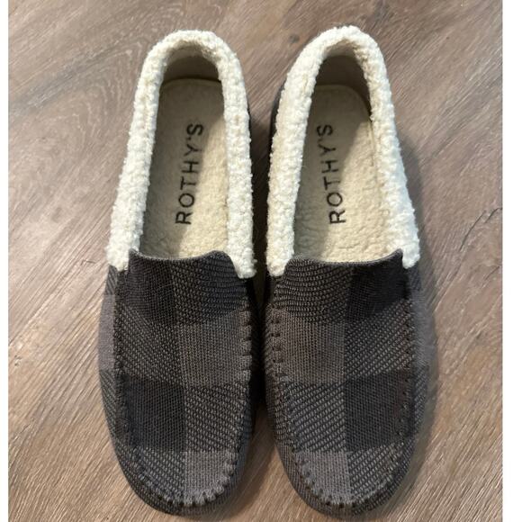 Rothy’s Brown Buffalo Check Merino Wool Mens Slipper Shoe 9 Sherpa Comfort Soft - Picture 10 of 11